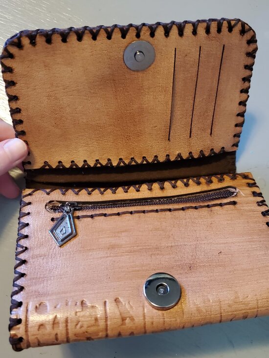 Vintage Leather Wallet Embossed Egyptian Hieroglyphics Pattern OOAK - Picture 7 of 11